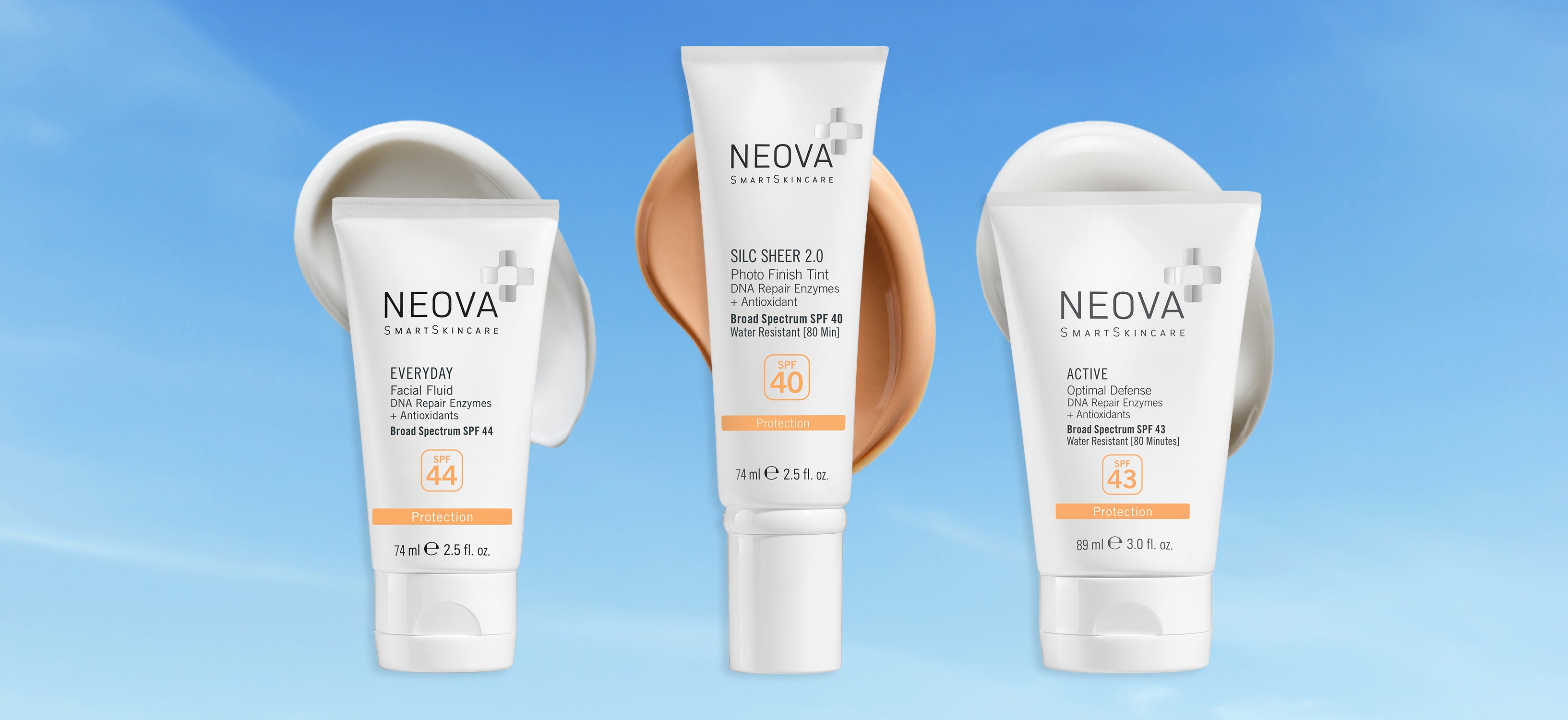 NEOVA - Sunscreens - Three white tubes of NEOVA sunscreen products arranged against a light blue gradient background, with cream and solid product textures shown behind them.