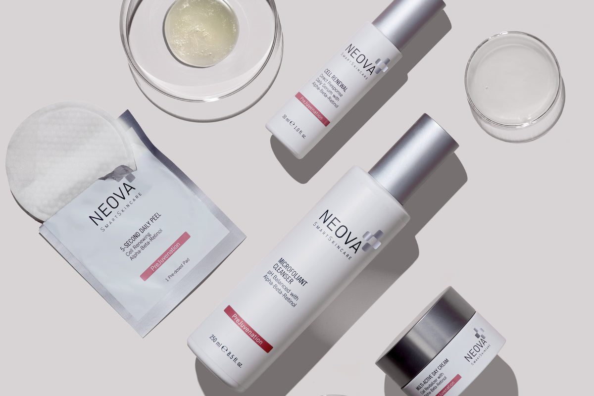NEOVA - Our Story - Clarifying Balance system skincare products on a pink background