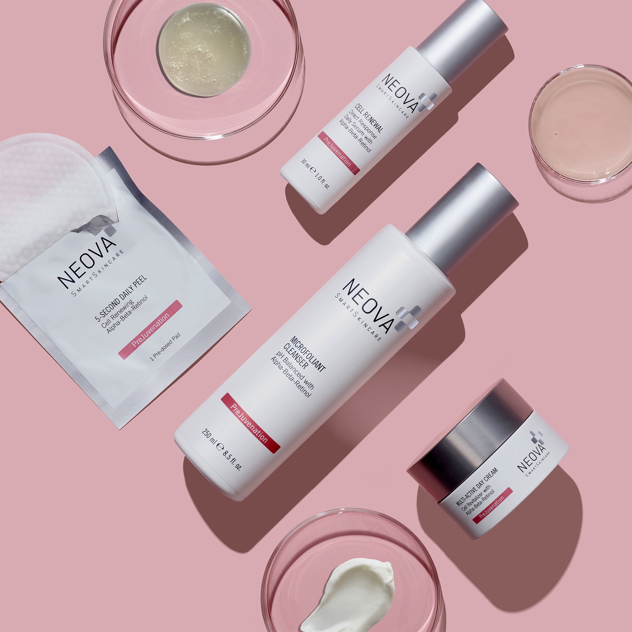 NEOVA - Our Story - Square image of Clarifying Balance System skincare products on a pink background