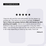 NEOVA Crème de la Copper -customer review card: image featuring five-star rating and testimonial highlighting lightweight hydration and non-greasy finish for dry skin