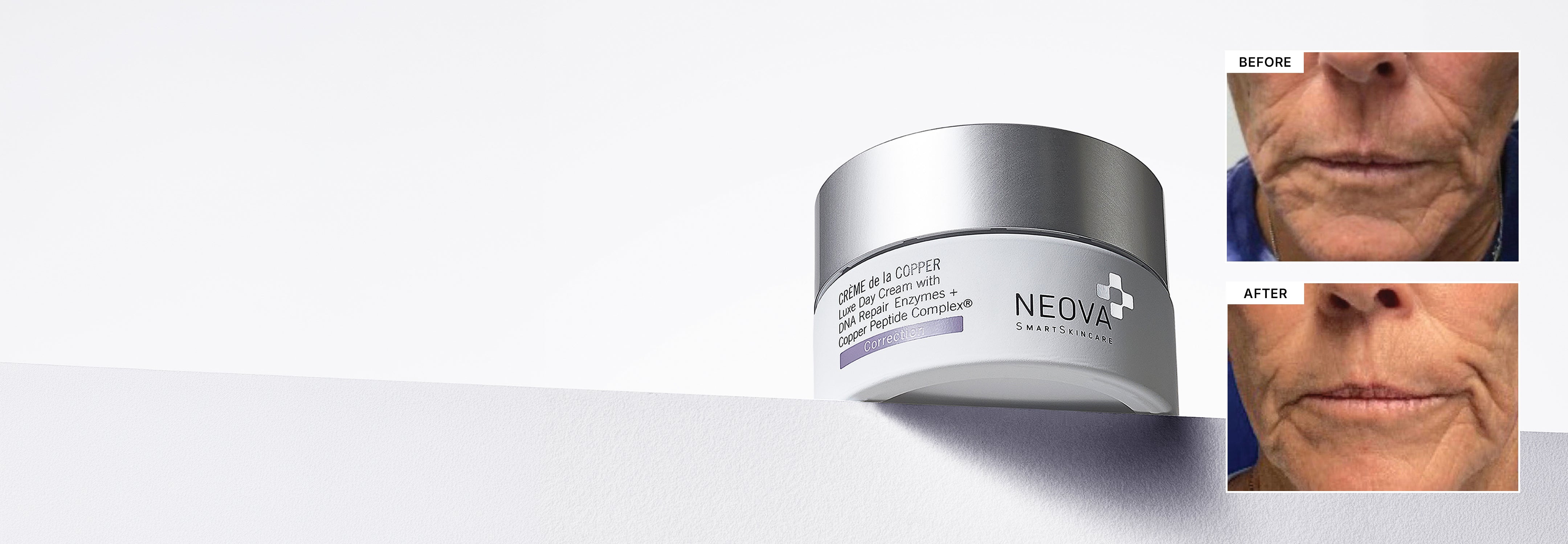NEOVA - homepage banner - desktop - creme de la copper - A jar of NEOVA Creme de la Copper correction cream sits on a white surface against a light gray background, with two small before-and-after close-ups of a person's lower face shown on the right, with visible improvement in fine lines and wrinkles after use.