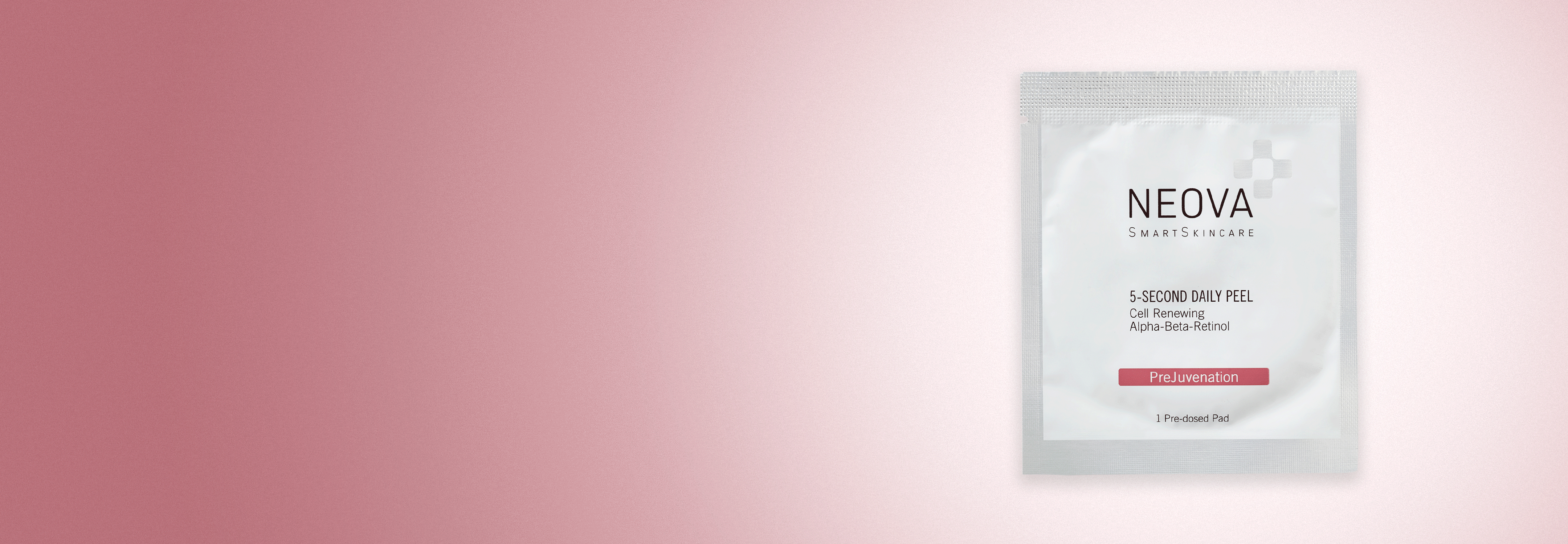 NEOVA Homepage Hero - 5 Second Daily Peel against a gradient pink background