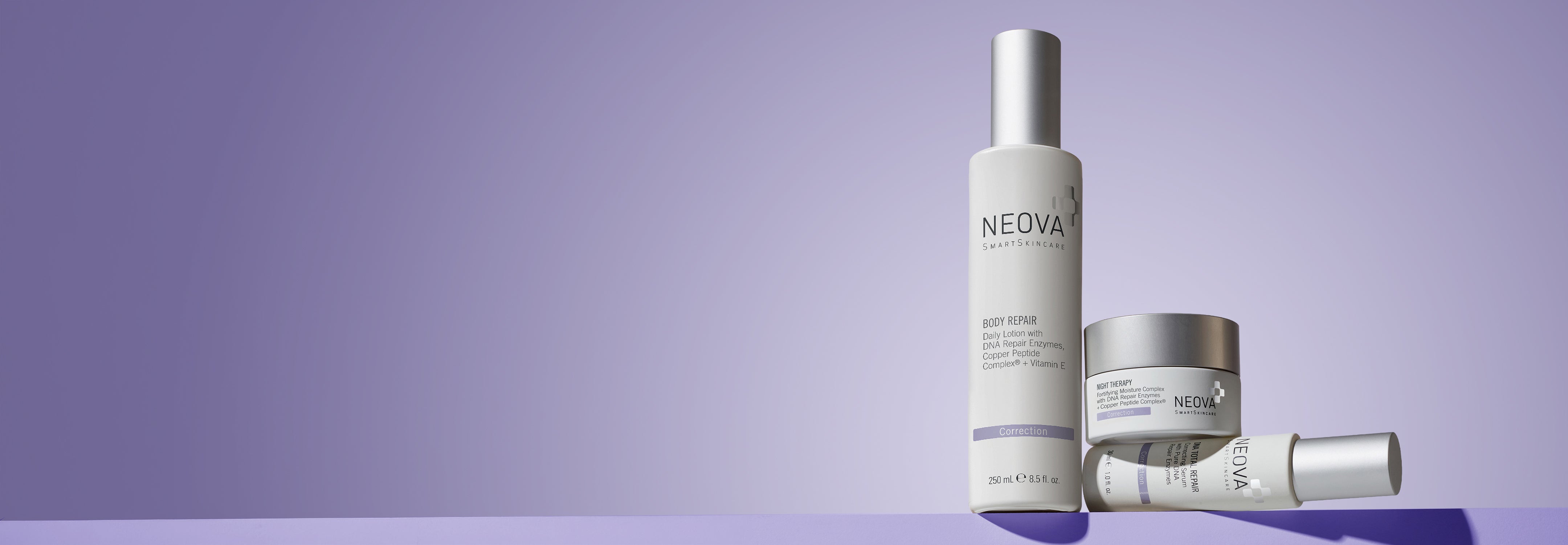 NEOVA - Homepage - Hero - NEOVA DNA Repair Enzyme skincare products on a purple background