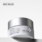NEOVA Night Therapy moisturizer in a white glass jar. The label describes it as a "Fortifying Moisture Complex with DNA Repair Enzymes + Copper Peptide Complex®" and categorizes it under a purple "Correction" banner. The jar features a brushed silver screw cap. It is shown standing on a white surface against a clean, bright minimalist background. A black "Best Seller" tag is shown in the upper left corner.