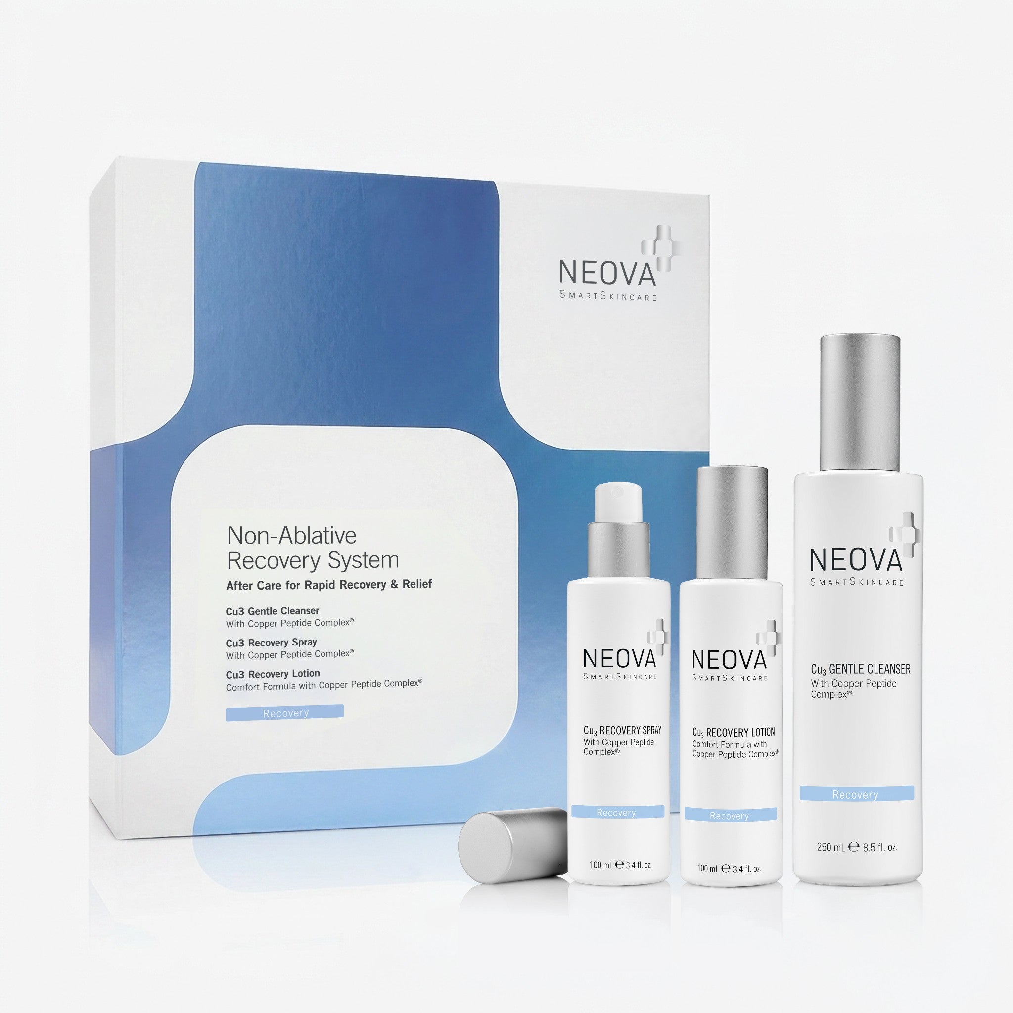 NEOVA Non-Ablative Recovery System product image showing the clinical post-procedure recovery kit with Cu3 Gentle Cleanser, Cu3 Recovery Spray, and Cu3 Recovery Lotion for post-procedure care.