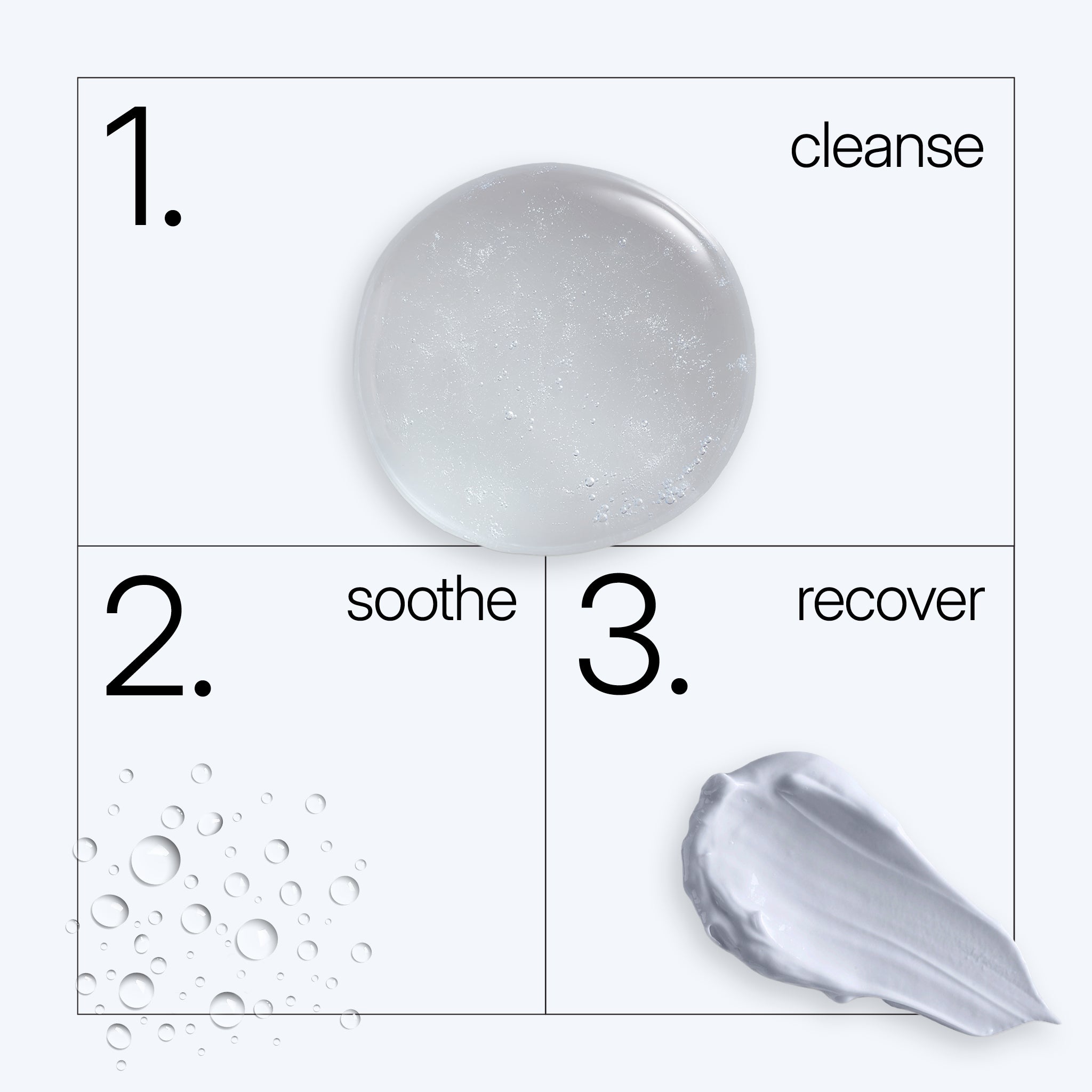 NEOVA Non-Ablative Tx System skincare routine showing a three-step process "cleanse", "soothe', and "recover" with product textures.