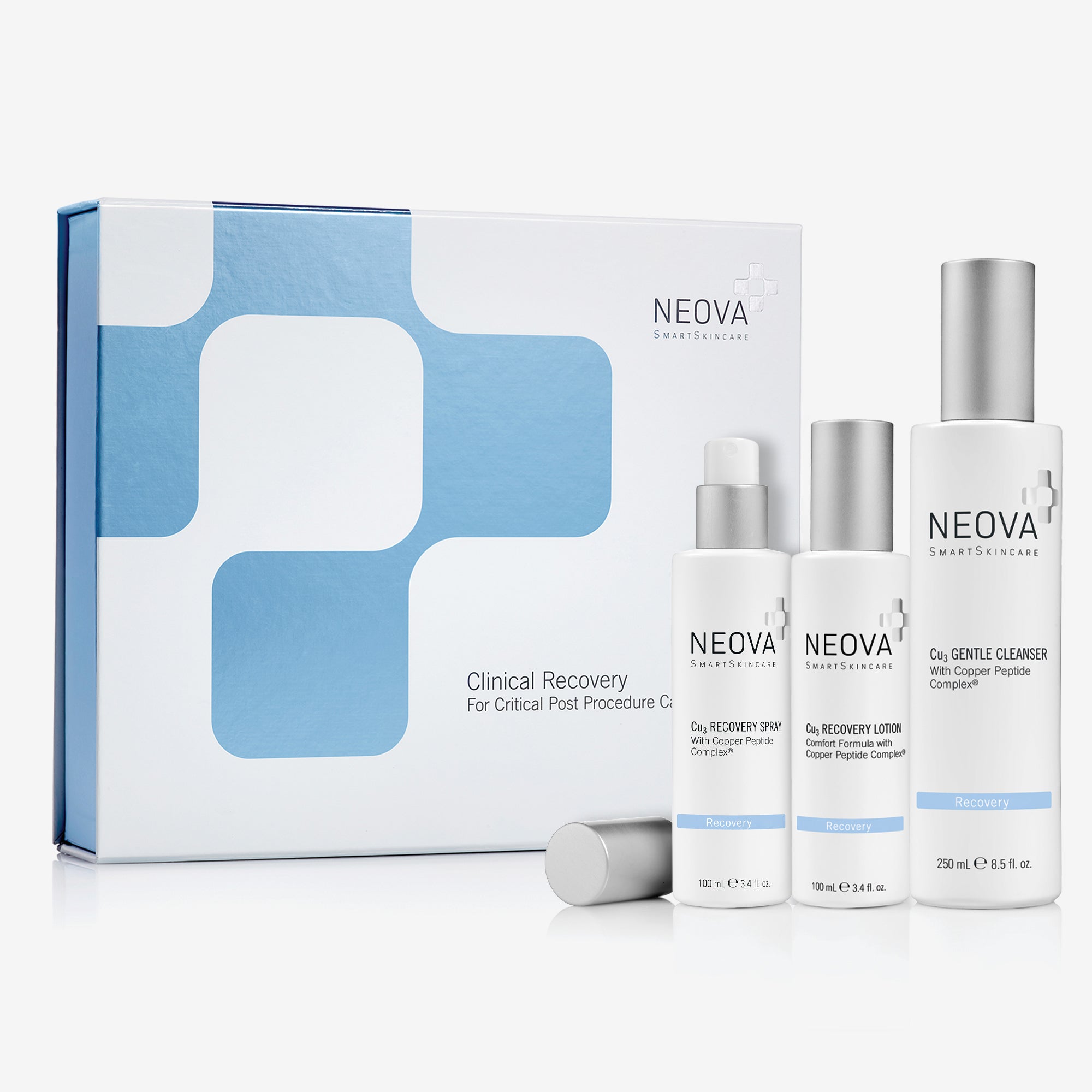NEOVA Non-Ablative Tx System product image showing the clinical post-procedure recovery kit with Cu3 Gentle Cleanser, Cu3 Recovery Spray, and Cu3 Recovery Lotion for post-procedure care.