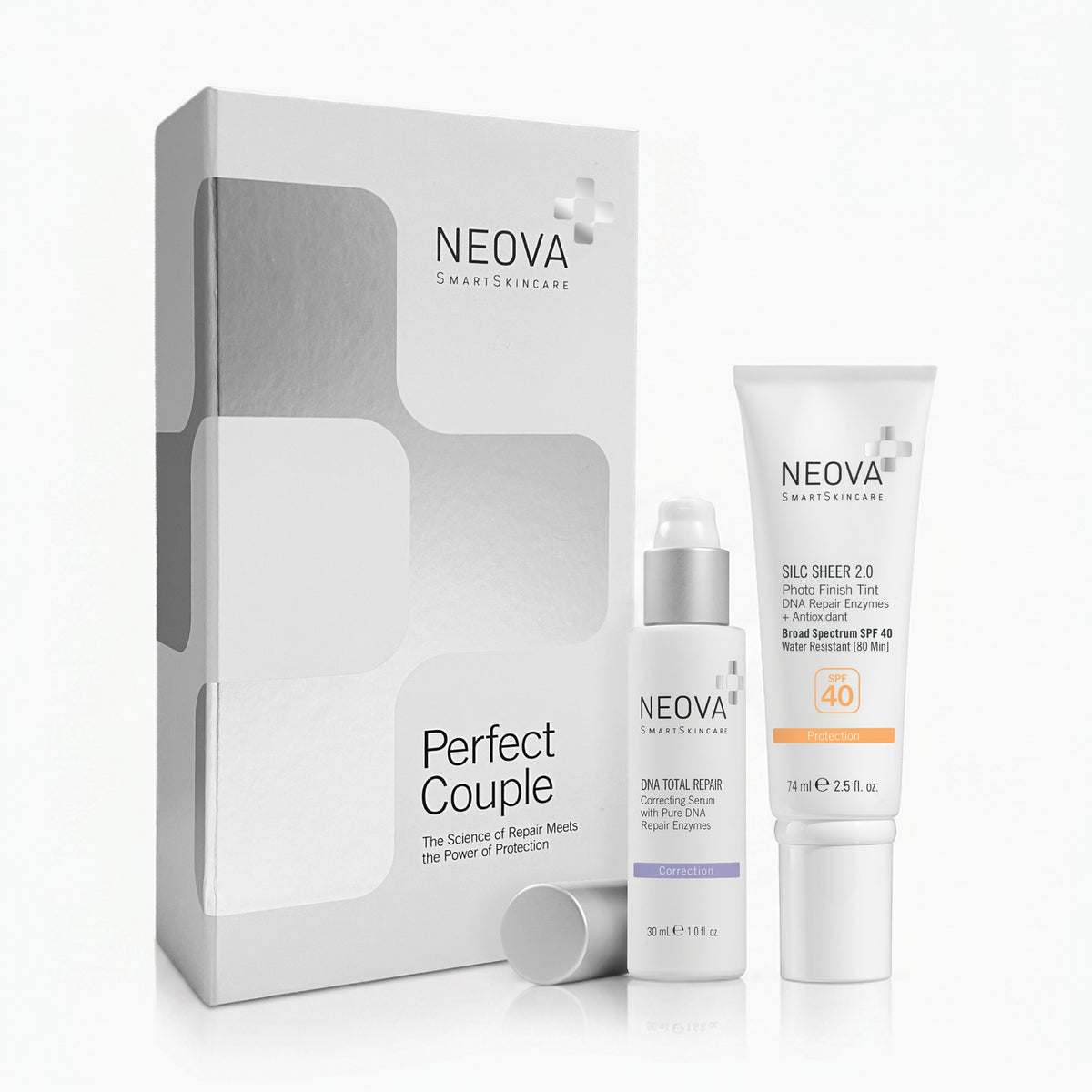 NEOVA - Perfect Couple System - NEOVA Skincare 'Perfect Couple' skincare set featuring a white and silver box, a white serum bottle with a silver cap (DNA Total Repair), and a white sunscreen tube with an orange SPF 40 label (Silc Sheer 2.0), displayed on a clean white background.
