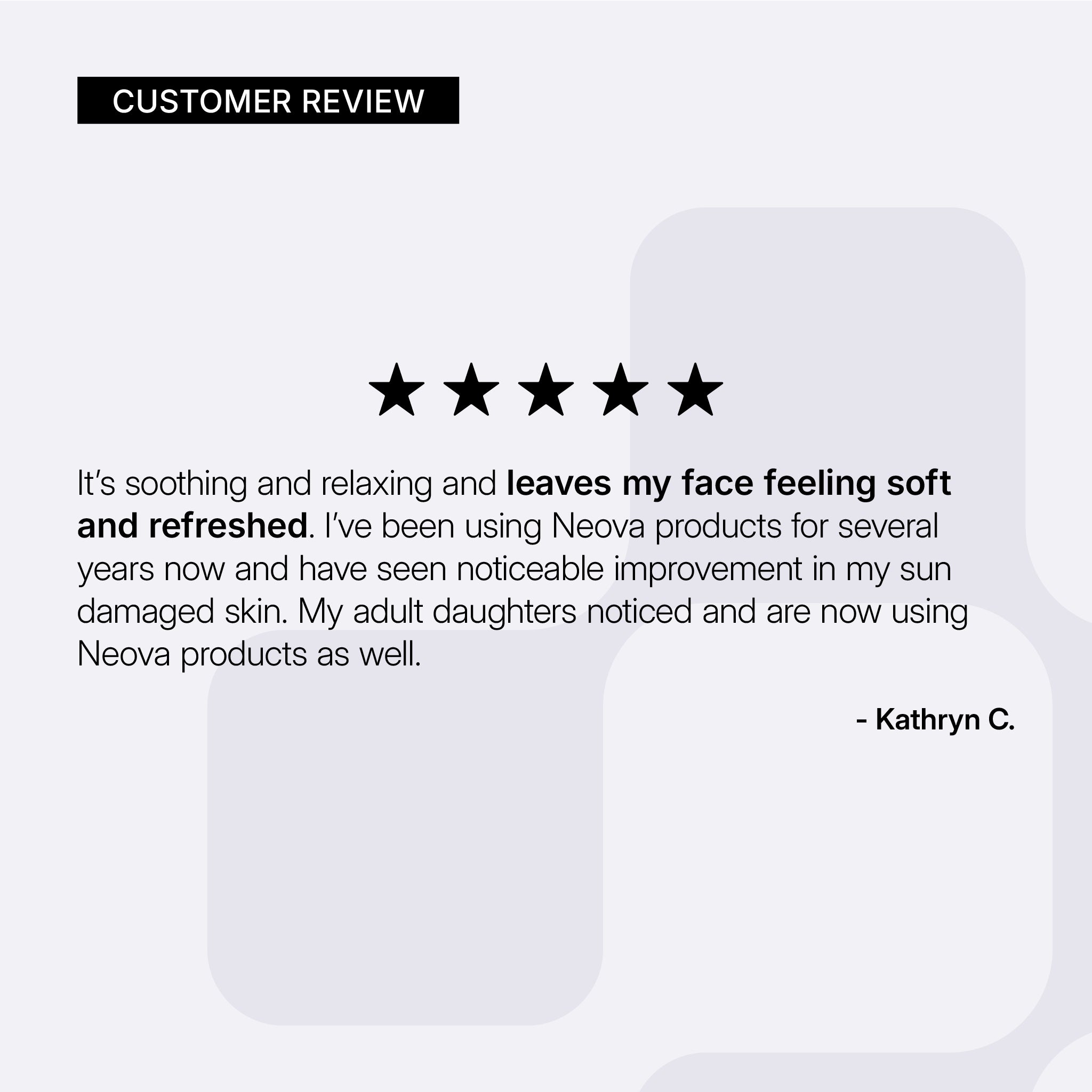 NEOVA Pure Copper Mask – customer review card: 5-star customer review highlighting soothing benefits and soft, refreshed skin.
