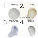 NEOVA Serious Clarity as step 2 in a four-step clinical skin care routine. The diagram shows: 1. Cleanse with a clear sparkling gel, 2. Treat with a creamy off-white balm (paired with DNA Total Repair), 3. Moisturize with a lavender-tinted cream, 4. Protect with a lightweight white lotion with SPF.