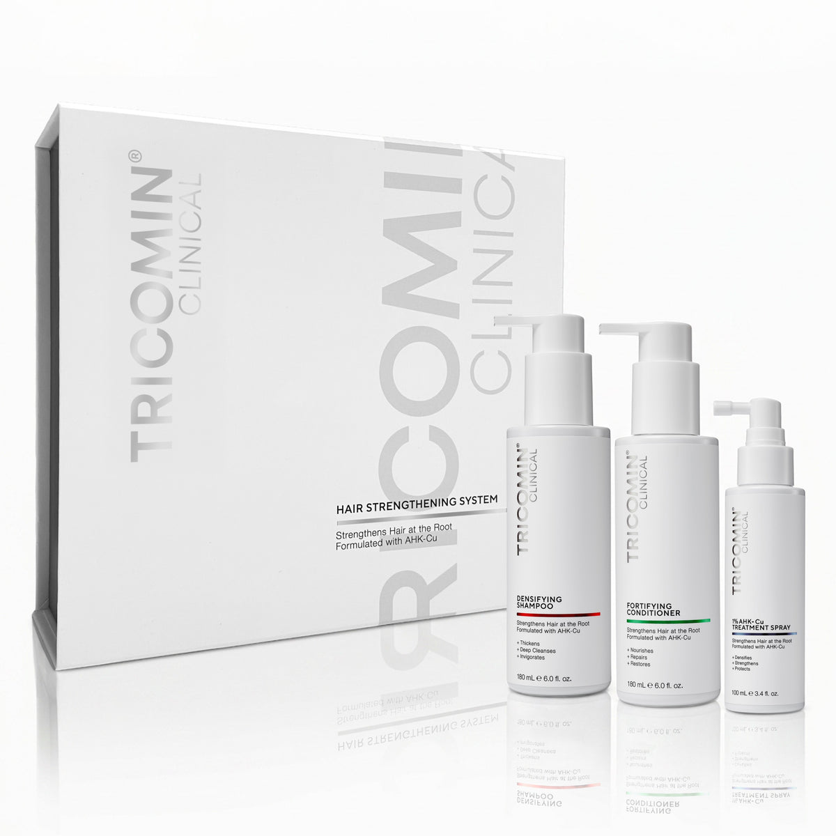 Tricomin Clinical Hair Strengthening System set, featuring a white product box and three white bottles with pump dispensers on a clean white background.