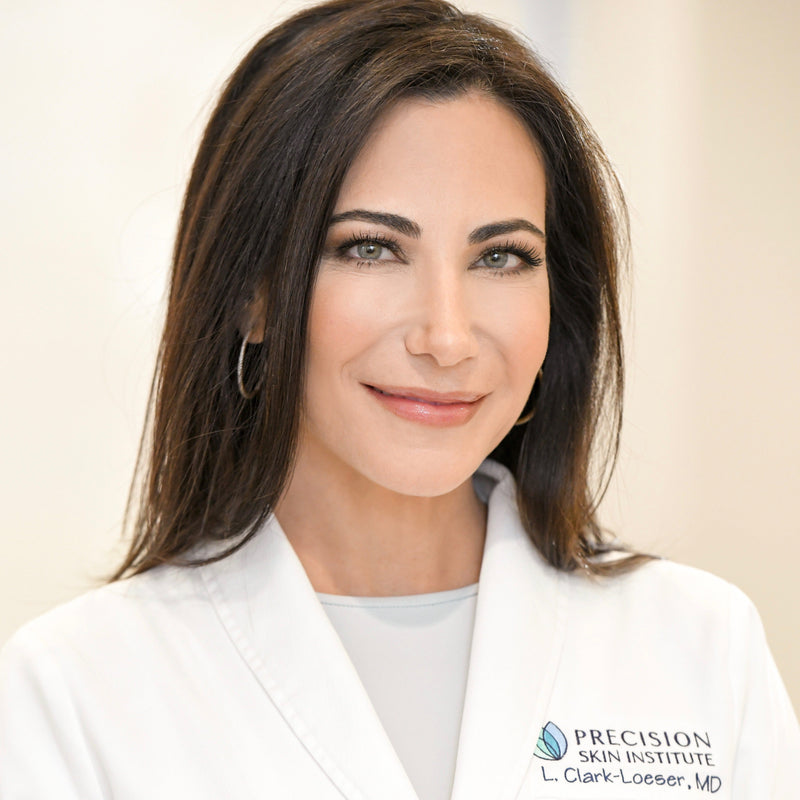 NEOVA - Woman in a white coat with 'Precision Skin Institute' logo on a beige background. The woman is Dr. Lesley Clark-Loesser, a board-certified dermatologist.
