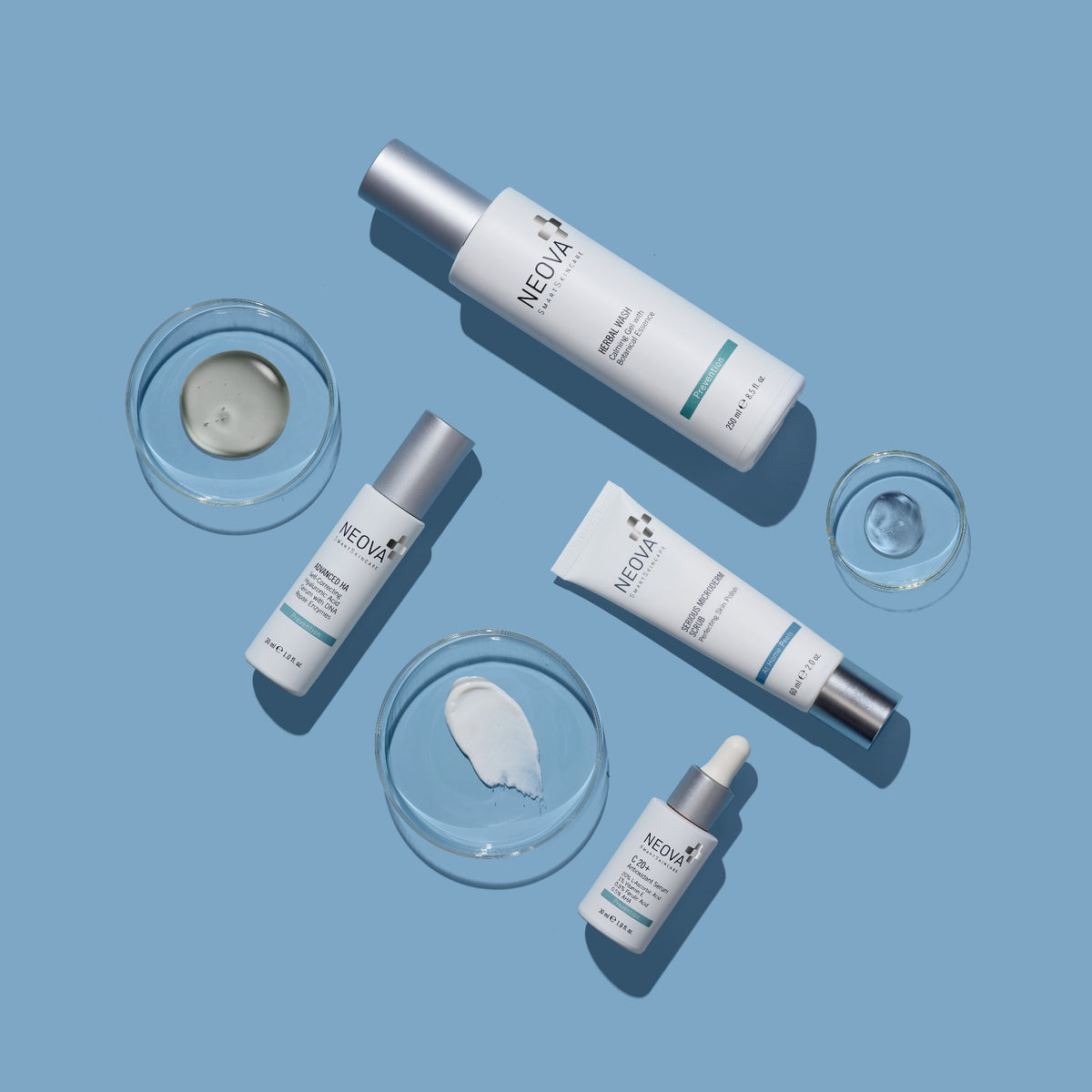 NEOVA - Glow Brightening System - Texture and collage detail of brightening skincare formulas on a blue background