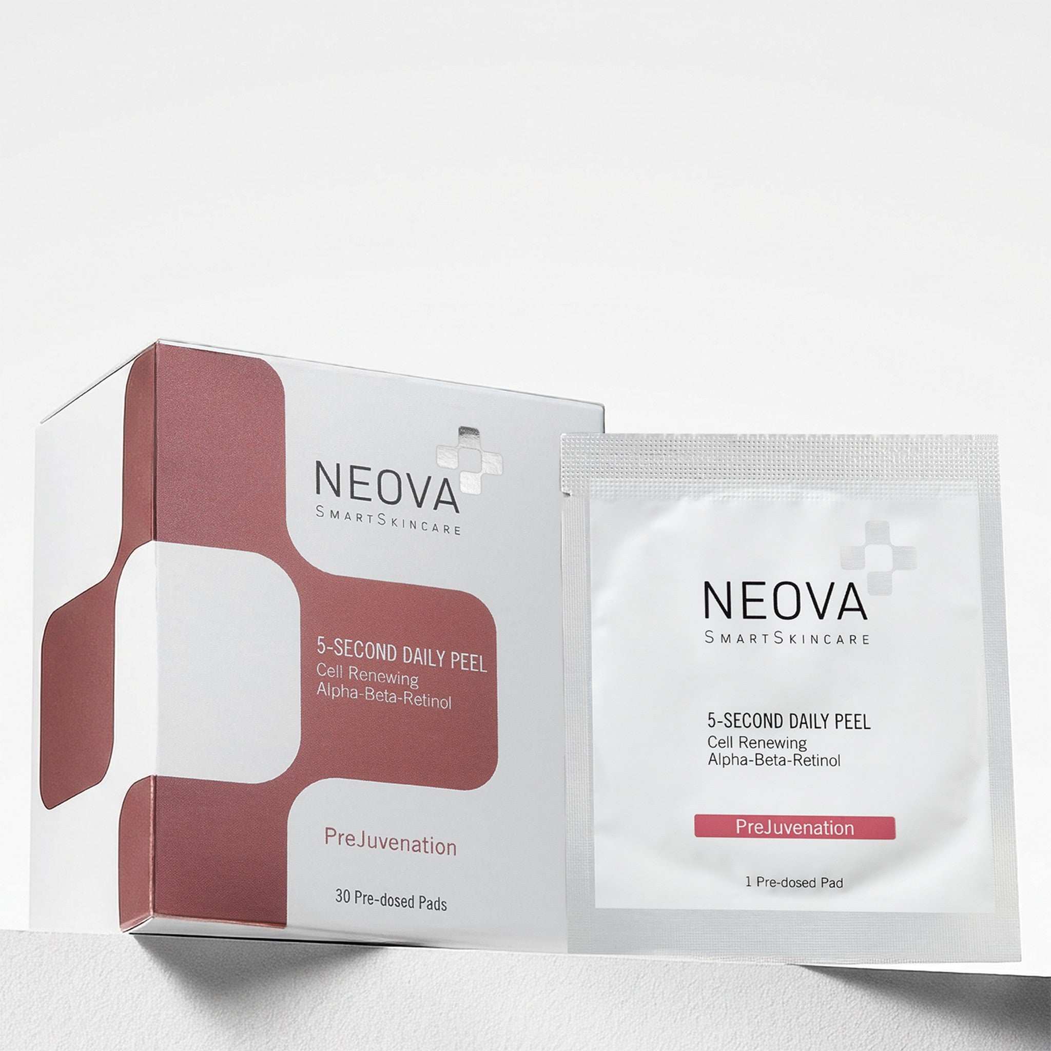 Neova 5-Second Daily Peel box and single pre-dosed pad packet against a minimalist white background. The packaging features white and mauve-red branding, highlighting the Cell Renewing Alpha-Beta-Retinol formula for PreJuvenation.The image is marked with a "best seller" tag on the top right corner.