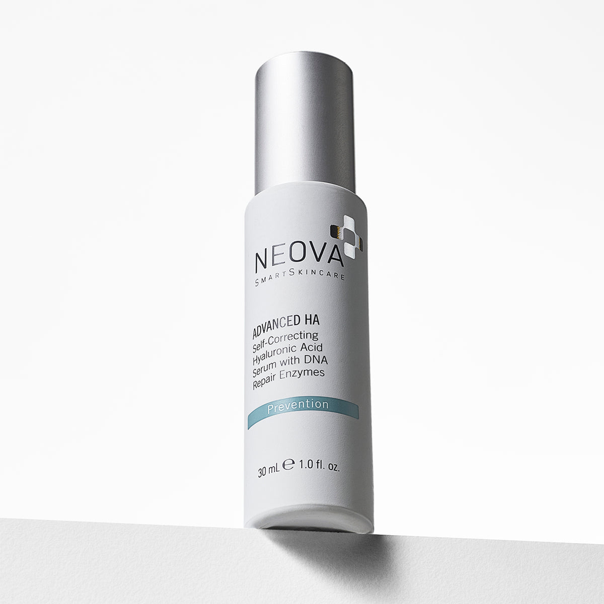 NEOVA Advanced HA in a sleek, white bottle. The front label identifies it as a "Self-Correcting Hyaluronic Acid Serum with DNA Repair Enzymes" for "Prevention." The bottle features a brushed silver cap and contains 1.0 fl. oz. (30 ml). It is positioned on a white ledge against a clean, bright background with soft shadows.