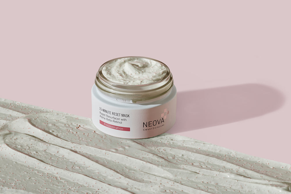 NEOVA Alpha Beta Retinol Science Image - 15-Minute Reset Mask with product texture, representing skincare with combined AHA, BHA, and retinol exfoliation technology.