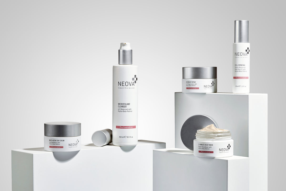 NEOVA Prejuvenation skincare products on a gray background