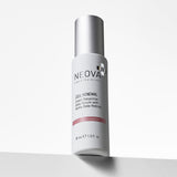 NEOVA Cell Renewal, a direct response daily serum with alpha-beta-retinol. The front view of the white cylindrical bottle has a red label that categorizes it as a "PreJuvenation." serum. The bottle has a brushed silver cap and contains 1.0 fl. oz. (30 ml), standing on a white ledge against a bright, clean background with soft, natural lighting.