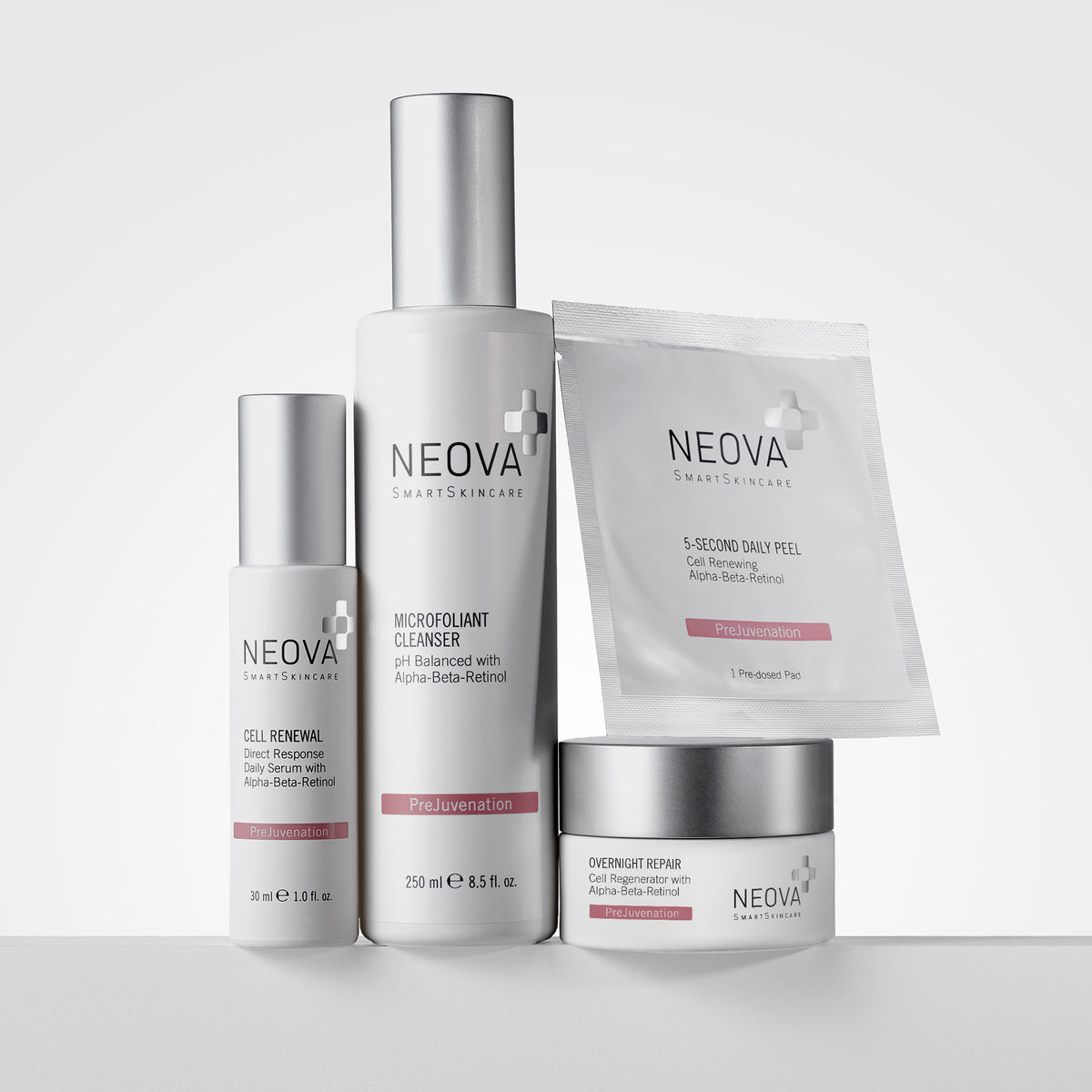 NEOVA Clarifying Balance System products lined up, standing on a white surface against a clean, bright minimalist background. Shown from left to right is the Cell Renewal (Daily Serum with Alpha-Beta Retinol), Microfoliant Cleanser (pH balanced with Alpha-Beta Retinol), and 5-Second Daily Peel (Cell Renewing with Alpha-Beta Retinol) Overnight Repair (with Alpha-Beta Retinol). All have a red "PreJuvenation" label on their packaging.