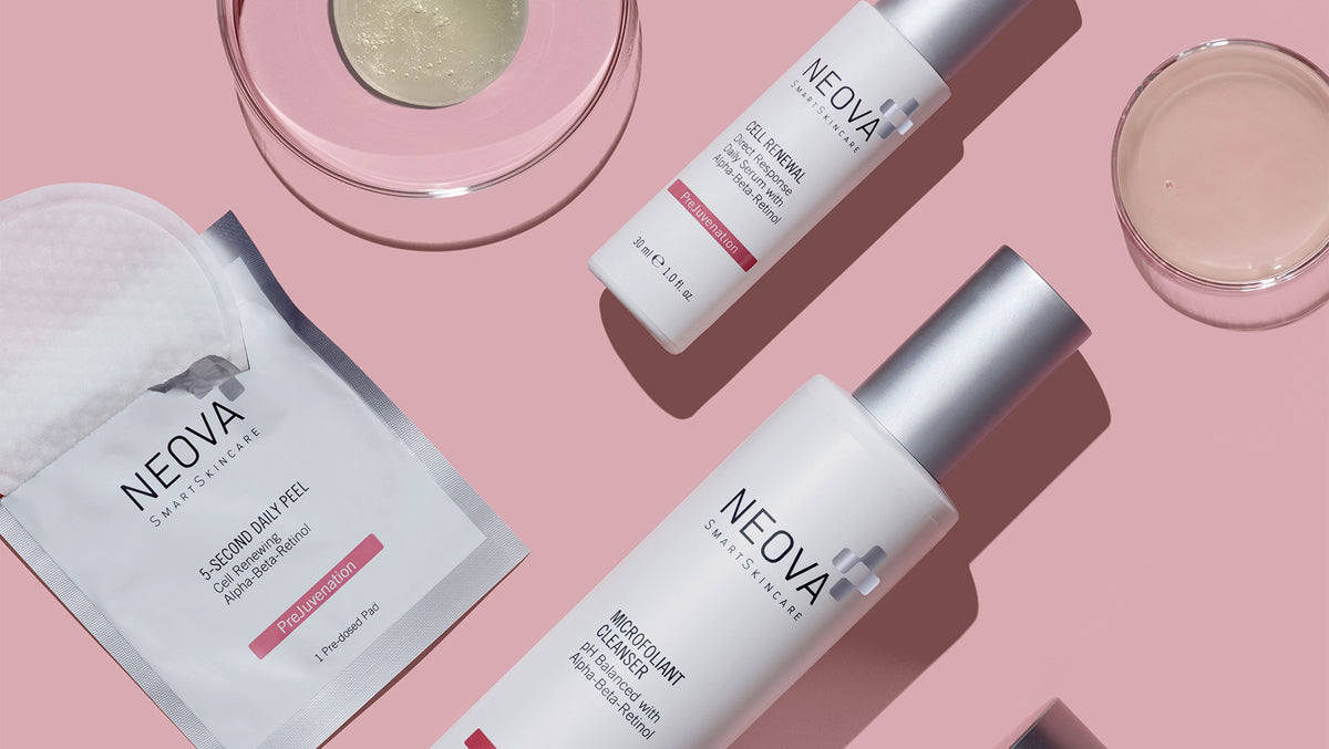 NEOVA - Clarifying & Balance System -skincare products arranged on a pink background: a sheet mask packet, a serum bottle, and a cleanser bottle, with two small petri dishes of product texture at the top.