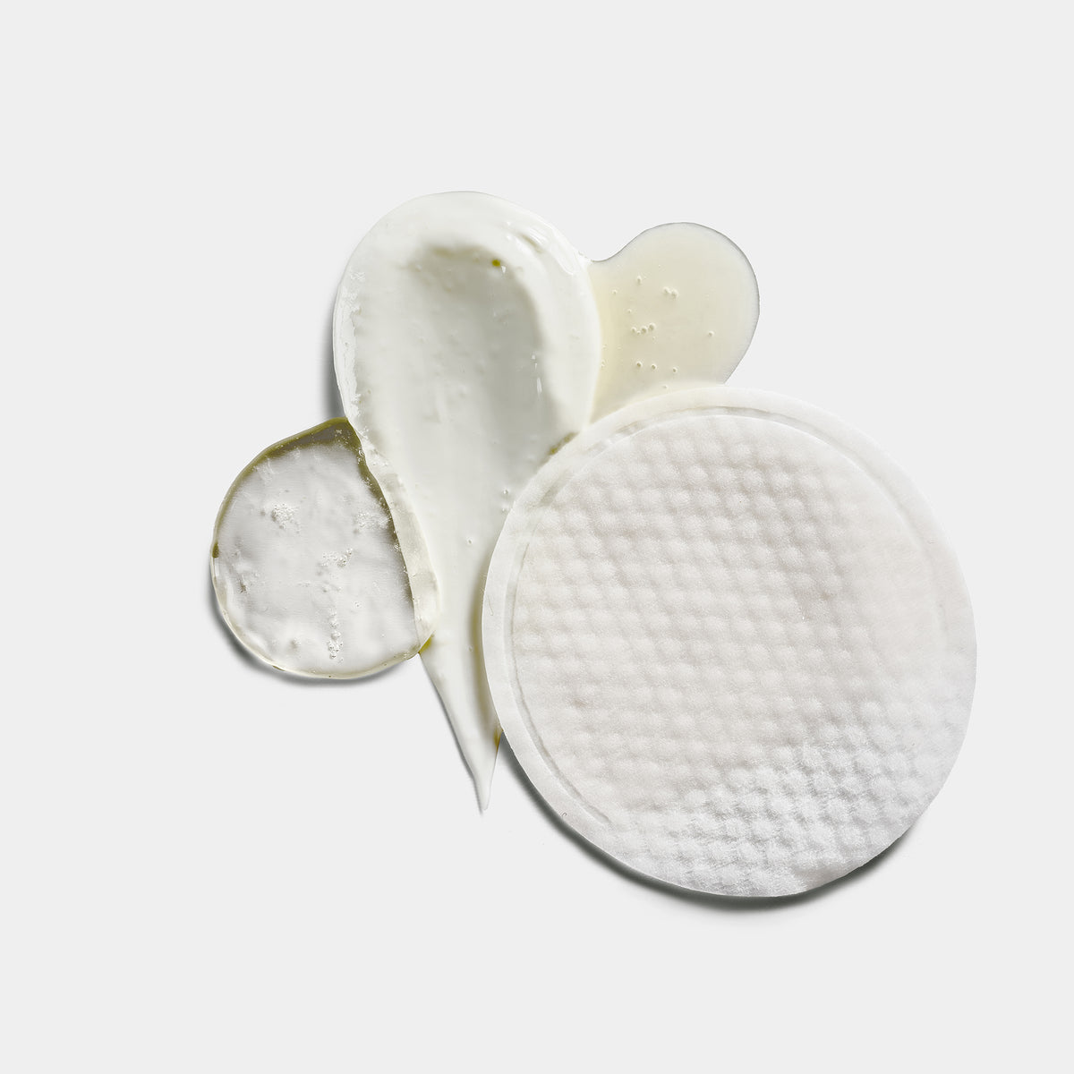 NEOVA - Clarifying & Balance System - A collage of four cosmetic products on a clean, white background. There is a white cotton round exfoliating pad, a white cream smear, and two translucent yellow droplets on a clean, white background.