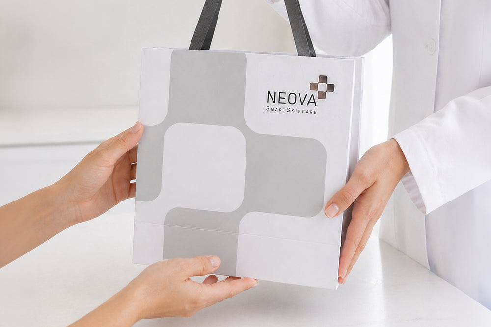 NEOVA Commission for Professionals Image - Person handing a NEOVA skincare bag to another person out of frame against a white background; represents partnership and commission opportunities.