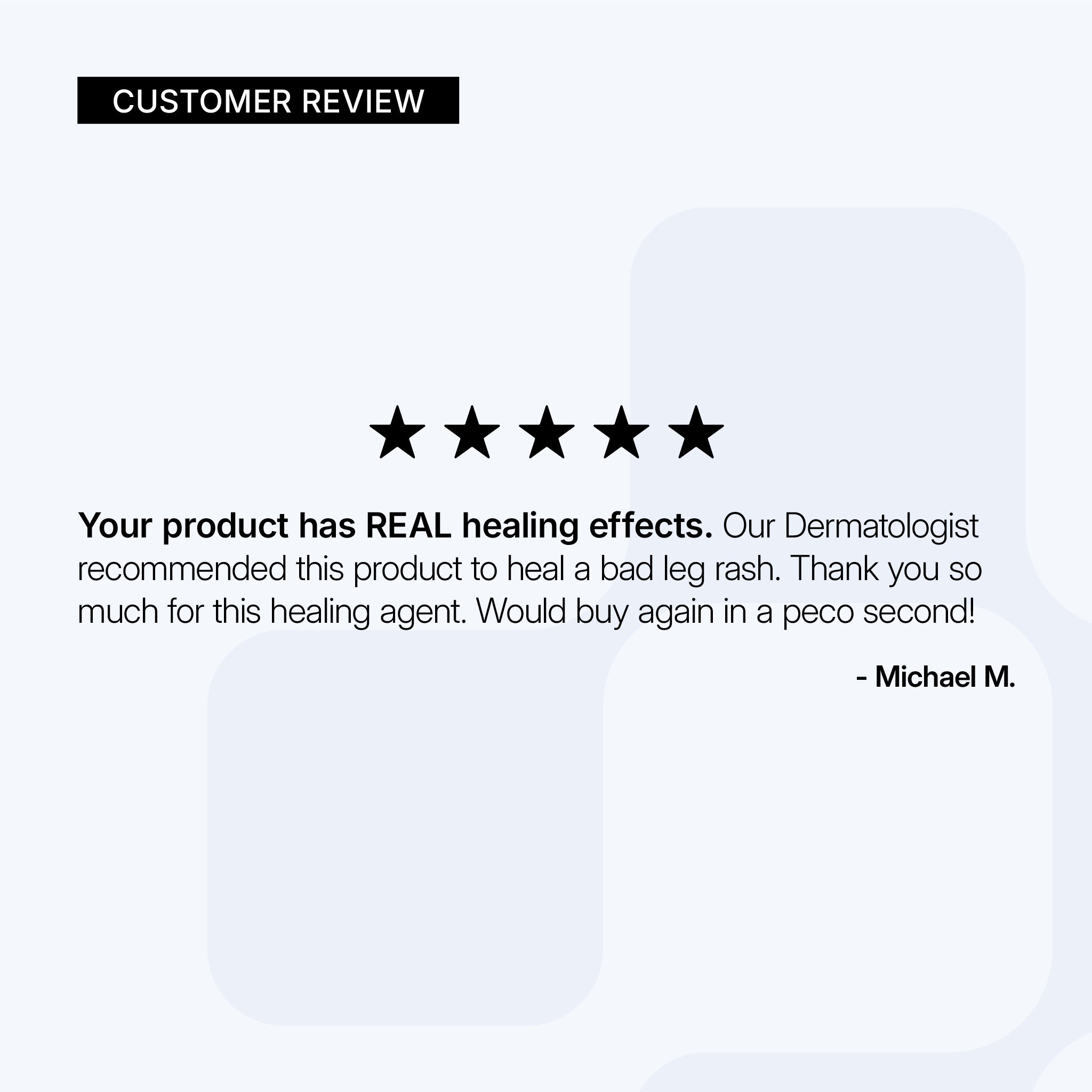 NEOVA CU3 Recovery Lotion – customer review card: 5-star customer review describing skin healing support and improved recovery after irritation or damage.