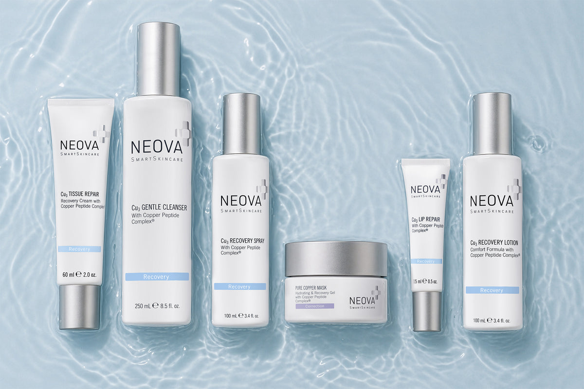 NEOVA Recovery skincare products on a wet-textured light blue background