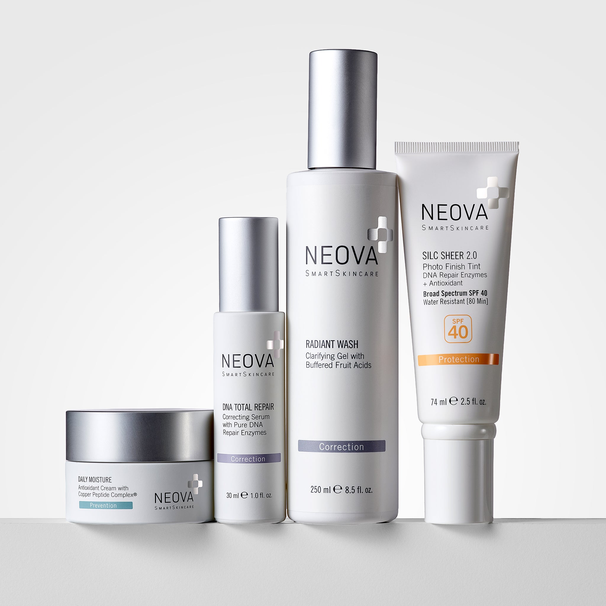 NEOVA Daily Defense Repair System products lined up, standing on a white surface against a clean, bright minimalist background. Shown from left to right is the Daily Moisture cream ("Prevention"), DNA Total Repair ("Correction"), Radiant Wash ("Correction"), and Silc Sheer 2.0 ("Protection").
