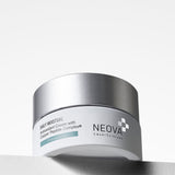 NEOVA Daily Moisture, an antioxidant cream with copper peptides, in a white jar. The front label categorizes it under a blue "Prevention" banner. The jar stands upright with a brushed silver cap. It is set on a white ledge against a bright, clean background with soft shadows.