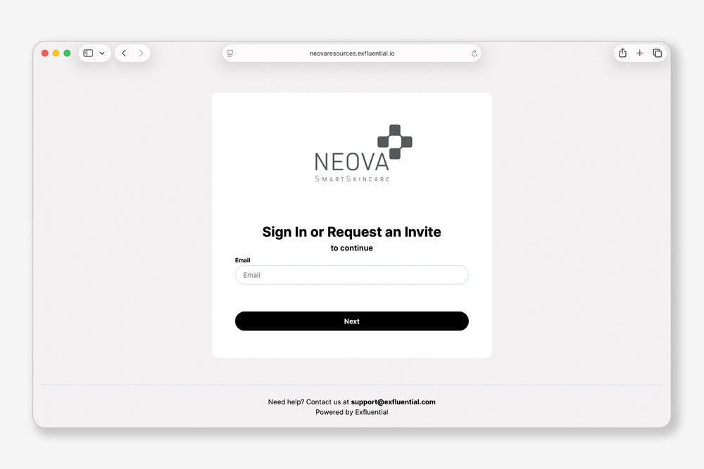 NEOVA Dedicated Professionals Image  - software login screen on a computer browser representing dedicated support and resources for skincare professionals.