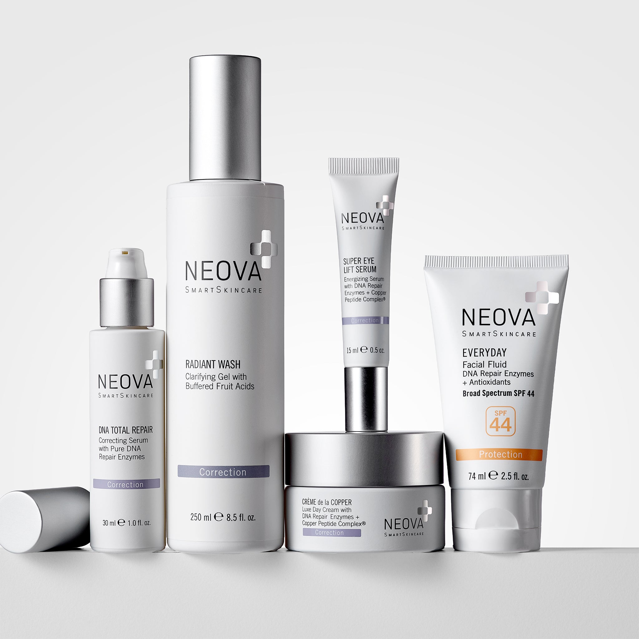 NEOVA DNA Repair System against a grey background. From left to right: DNA Total Repair, Radiant Wash, Super Eye Lift Serum, Creme De la Copper, Everyday SPF 44.