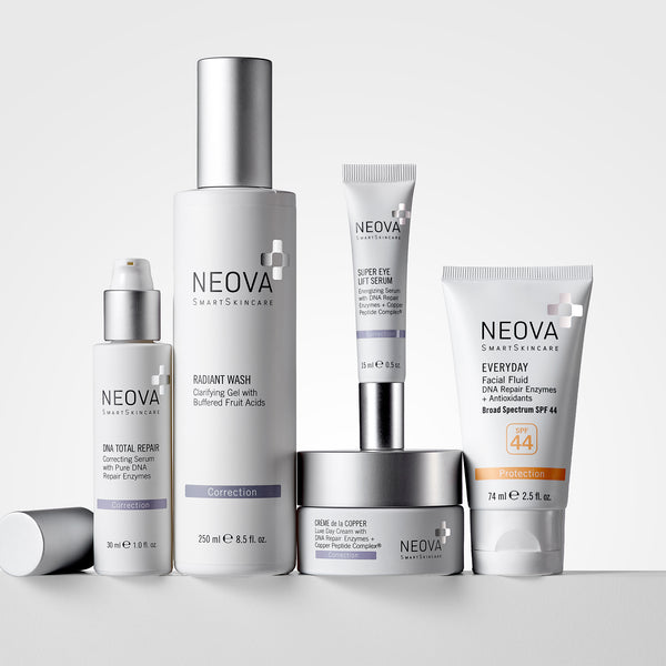 NEOVA DNA Repair System against a grey background. From left to right: DNA Total Repair, Radiant Wash, Super Eye Lift Serum, Creme De la Copper, Everyday SPF 44.