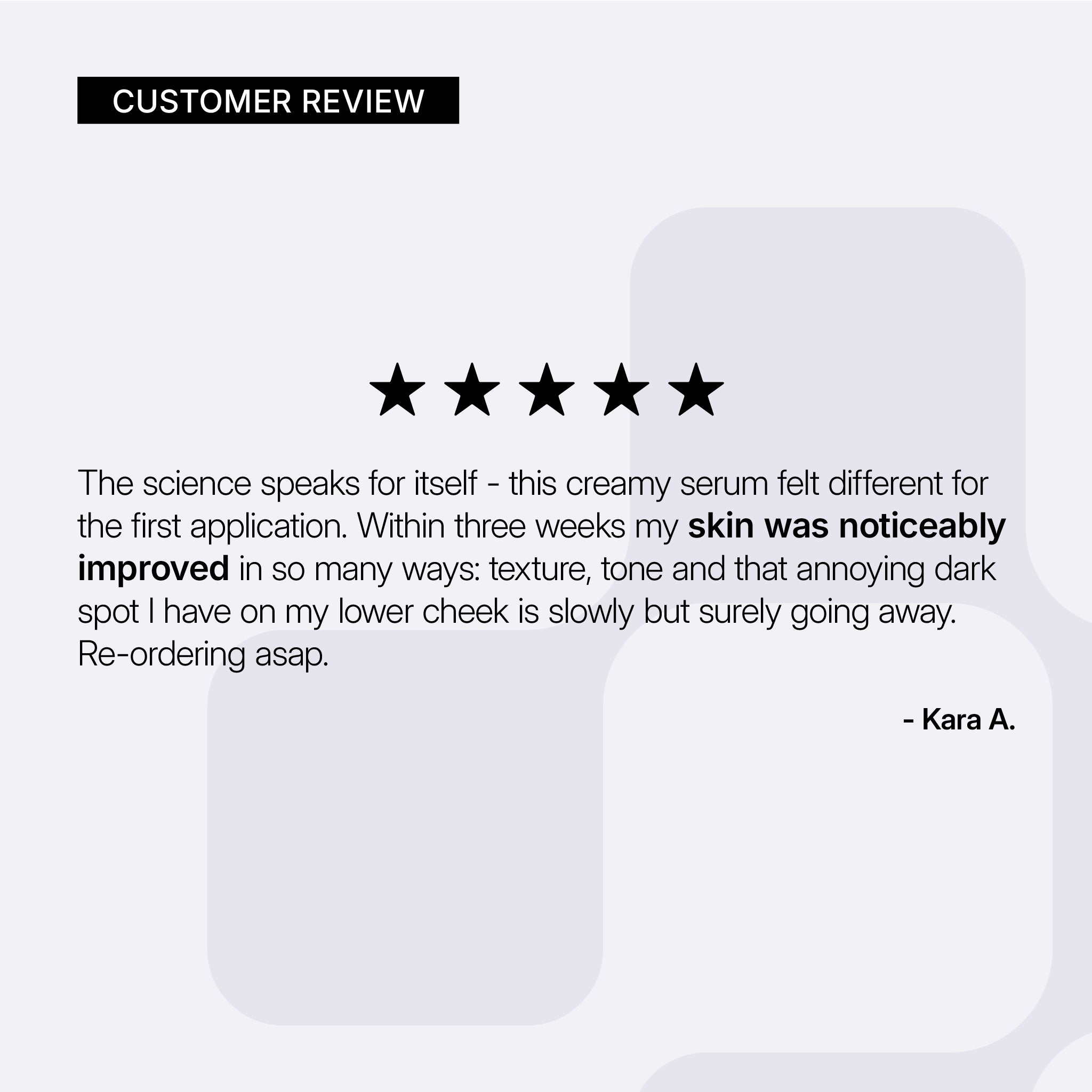 NEOVA DNA Total Repair – customer review card: 5-star customer review describing visible improvements in skin tone, texture, and reduction in dark spots after continued use.