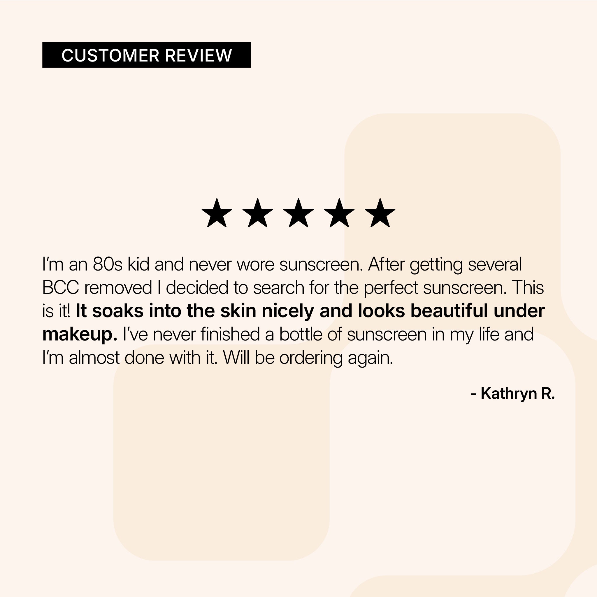 NEOVA Everyday SPF – customer review card: 5-star customer review noting smooth application, absorption, and wearability under makeup.
