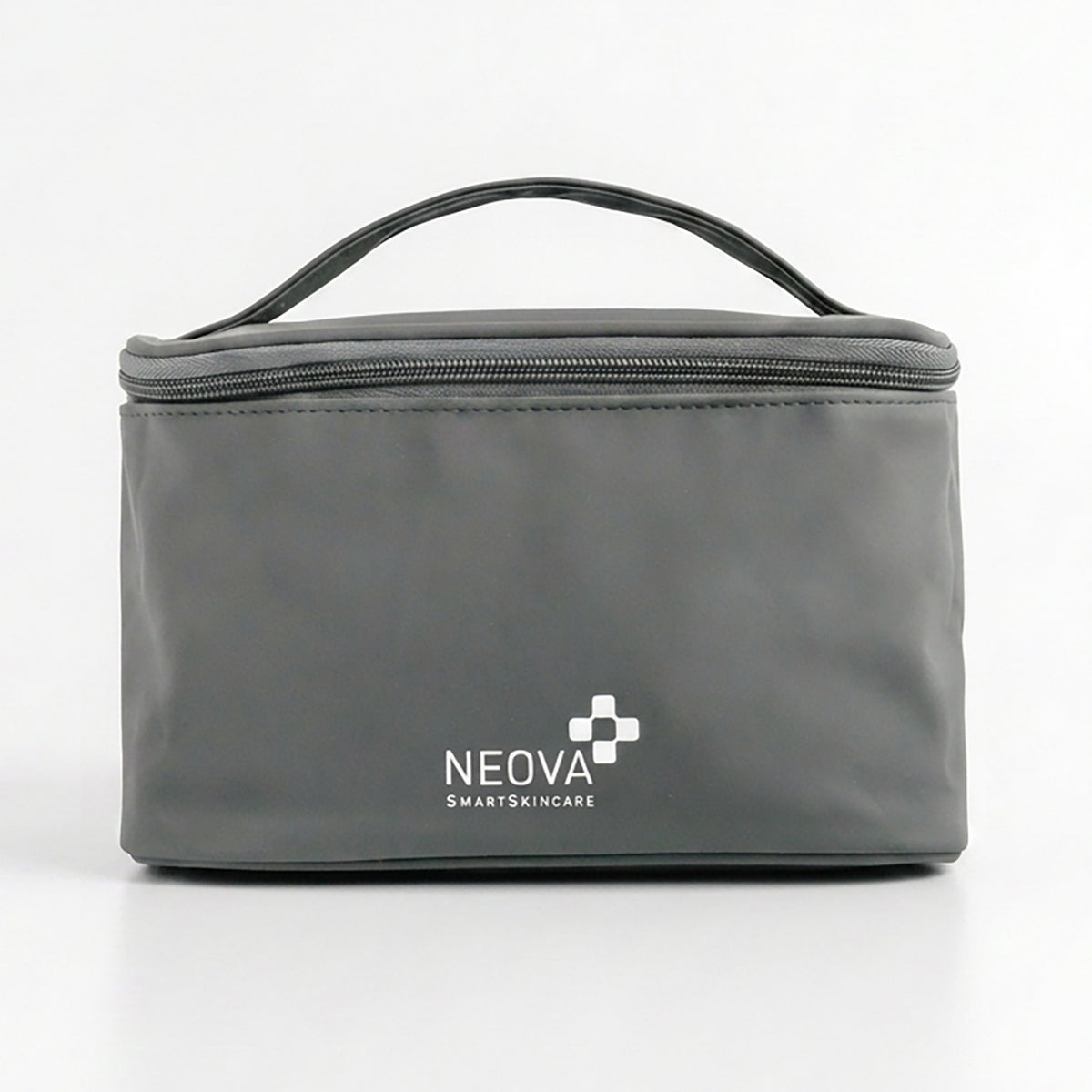 NEOVA - Grey Cosmetic Bag - A dark gray toiletry bag with a top handle, featuring the white 'NEOVA SmartSkincare' logo centered on the front bottom, set against a plain white background.