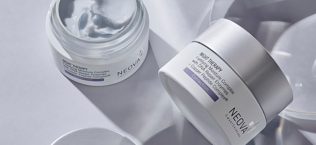 NEOVA - Night Therapy - Dry Skin - NEOVA Night Therapy moisturizer for dry skin, shown in open and closed white jars on a light gray background.