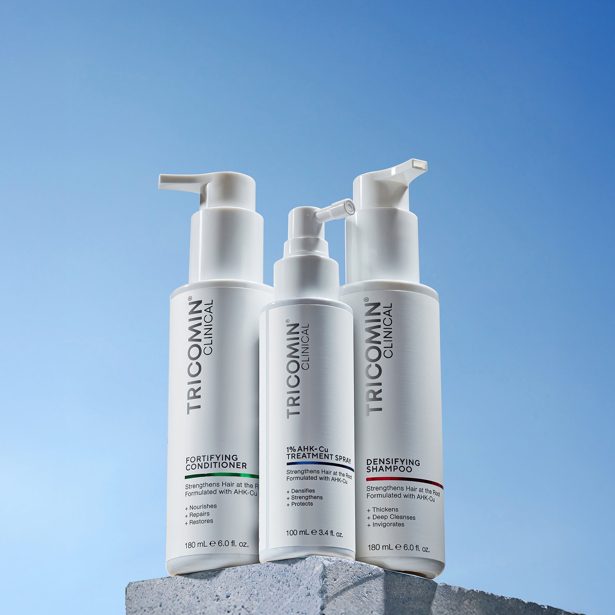 NEOVA Tricomin Hair Care Image - Image of various hair care products against a sky-blue background, representing solutions for scalp and hair health.
