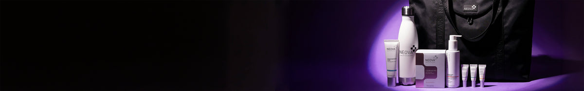 NEOVA - Week of Treats - Collection Banner - Mobile - A collection of skincare and beauty products from the brand NEOVA, including a black nylon tote bag, a white stainless steel water bottle, a skincare scrub in white packaging, a box of retinol peel pads, and skincare samples arranged on a dark purple and black background.