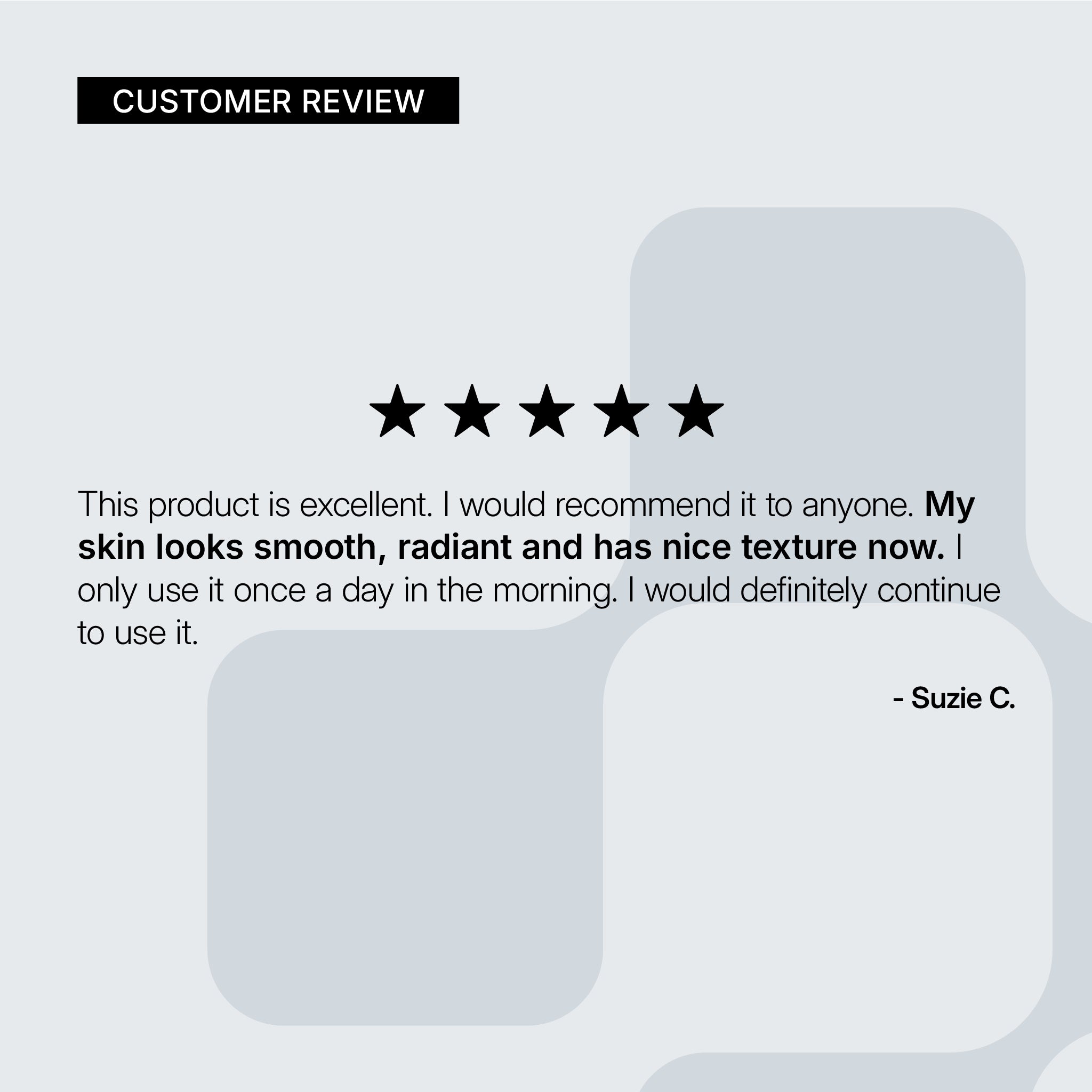 NEOVA Intensive Retinol Spray – customer review card: 5-star customer review highlighting smoother, more radiant skin and improved texture.