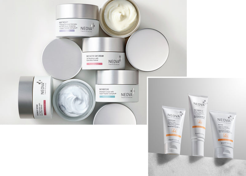 NEOVA - Our Story - Two overlapping images. The main image shows a collection of NEOVA SmartSkincare moisturizers on a grey background. A slightly smaller, square image on the bottom right shows 3 NEOVA sunscreens on a clear surface against a gradient blue background.