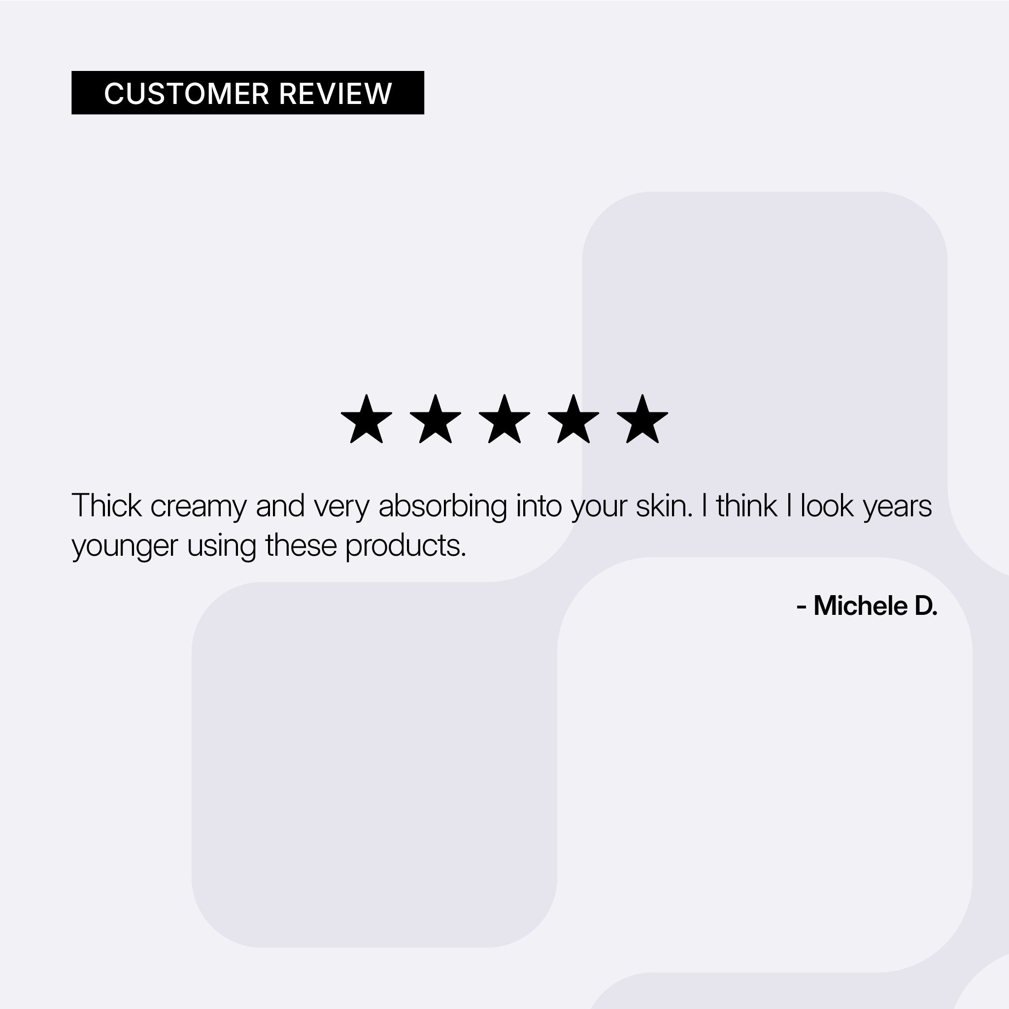 NEOVA Night Therapy – customer review card: 5-star customer review noting deep hydration and improved skin condition overnight.