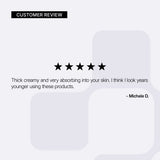 NEOVA Night Therapy – customer review card: 5-star customer review noting deep hydration and improved skin condition overnight.