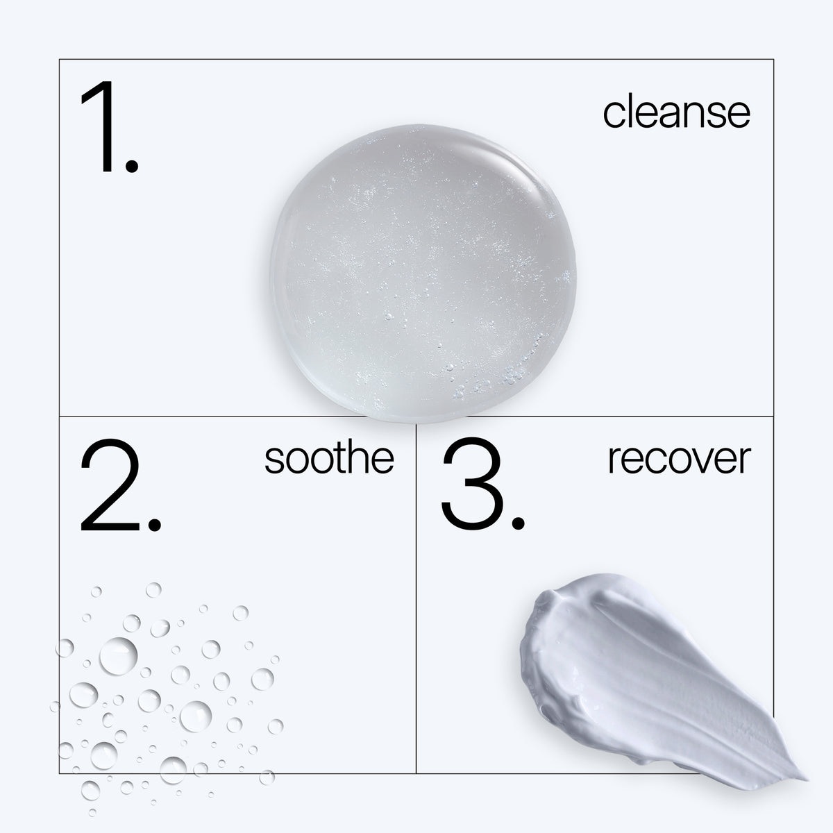 NEOVA Non-Ablative Recovery System skincare routine showing a three-step process "cleanse", "soothe', and "recover" with product textures.
