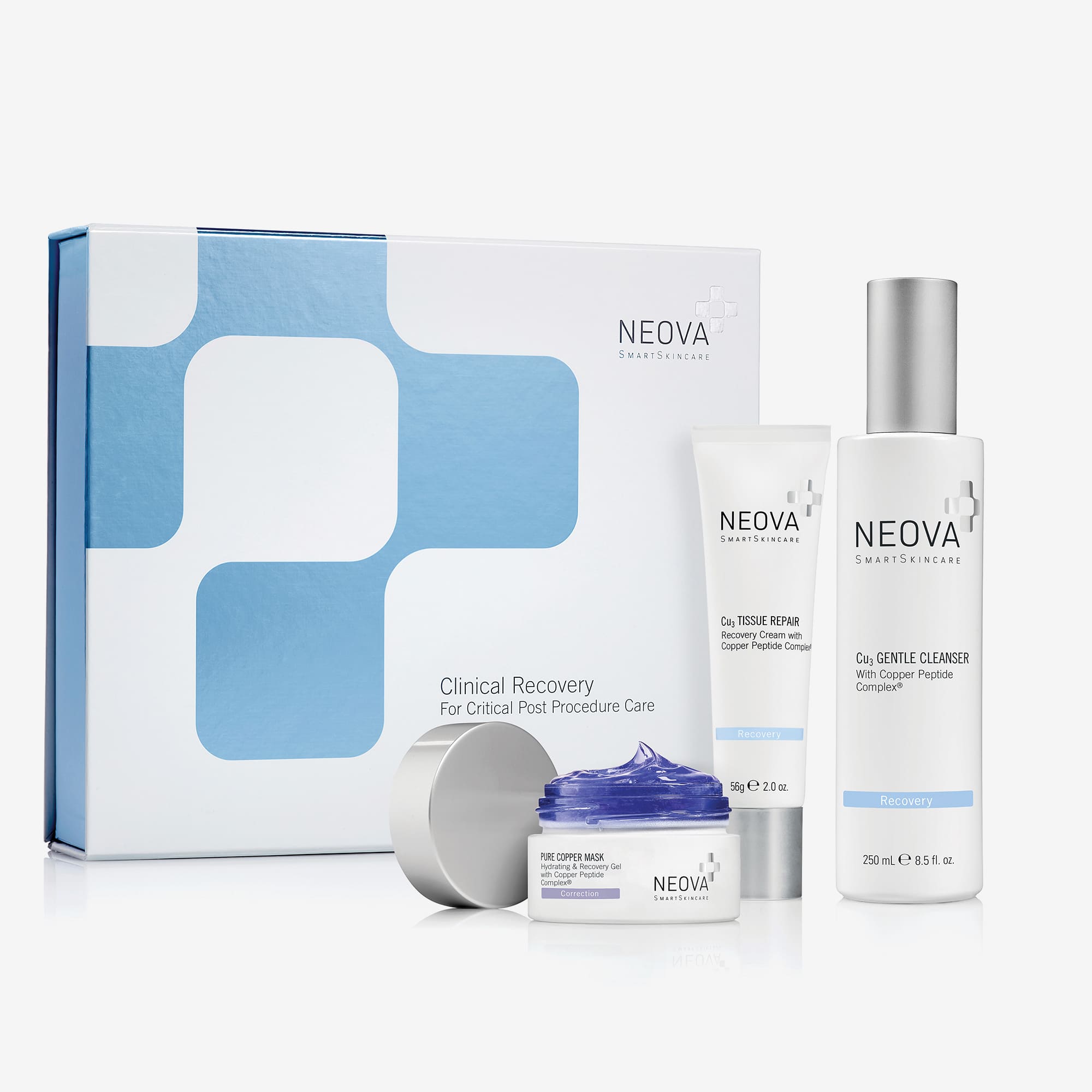 NEOVA Post-Ablative Tx System against an off-white background, showing the clinical recovery kit with Cu3 Gentle Cleanser, Cu3 Tissue Repair, and copper mask for post-procedure care.