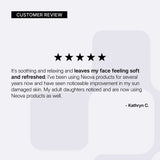 NEOVA Pure Copper Mask – customer review card: 5-star customer review highlighting soothing benefits and soft, refreshed skin.