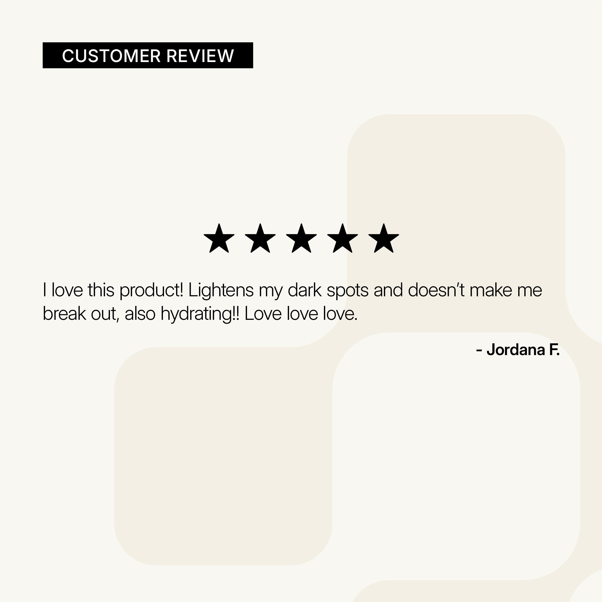 NEOVA Serious Clarity – customer review card: 5-star customer review highlighting improvement in dark spots, hydration, and clear, balanced skin.
