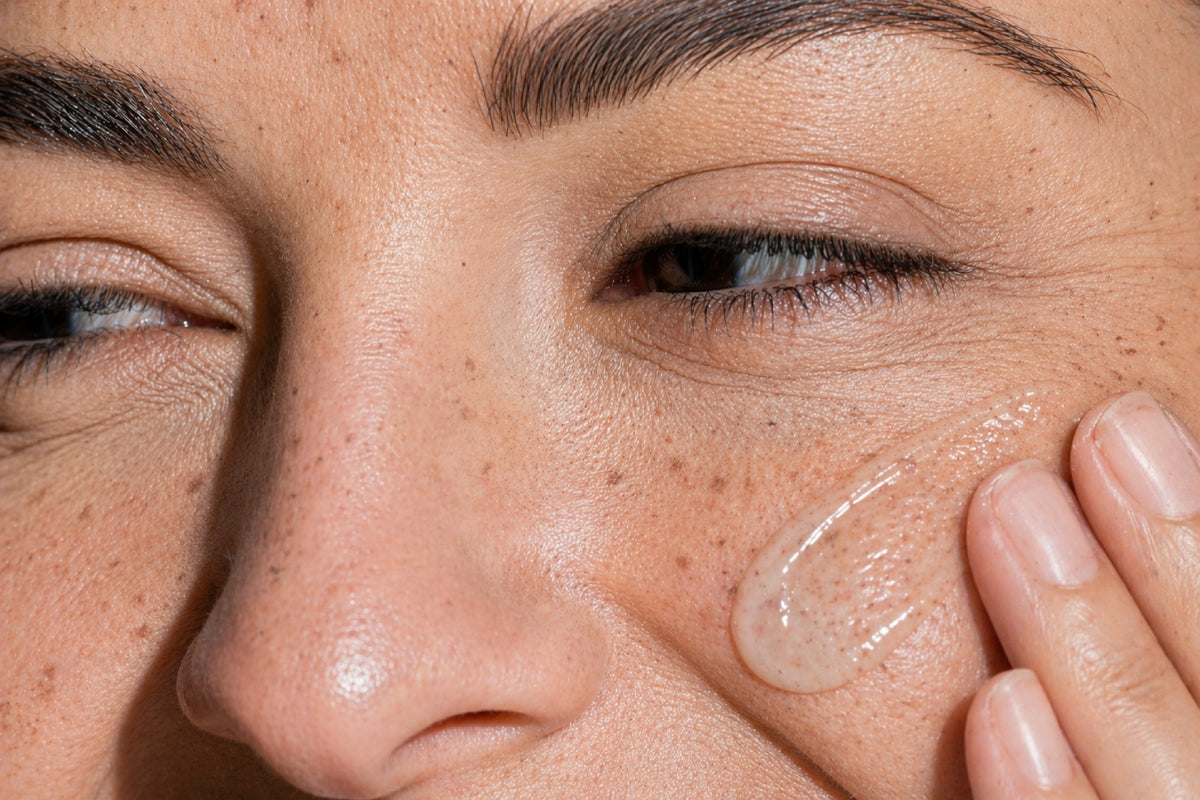 NEOVA Serious Glypeel – application: Close-up of cheek showing glycolic acid exfoliating treatment being applied to improve skin texture, promote cell turnover, and enhance radiance.