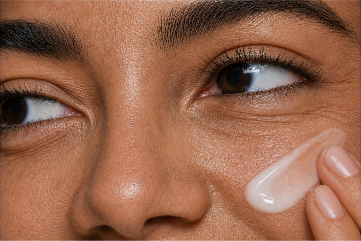 NEOVA Serious Microderm Scrub – application: Close-up of cheek showing physical exfoliating scrub being massaged into skin to remove dead skin cells, refine texture, and smooth rough areas.