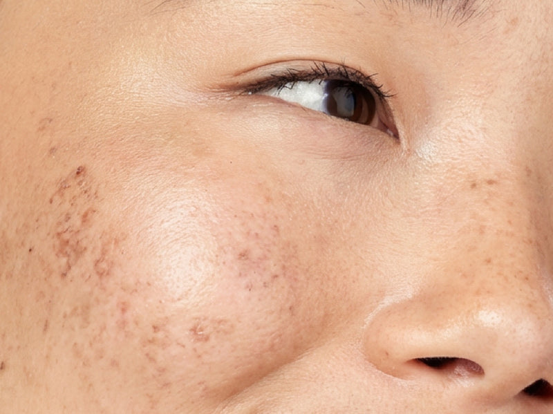 NEOVA - Shop by Concern: Hyperpigmentation - Close-up of a person's face with visible skin blemishes and hyperpigmentation.